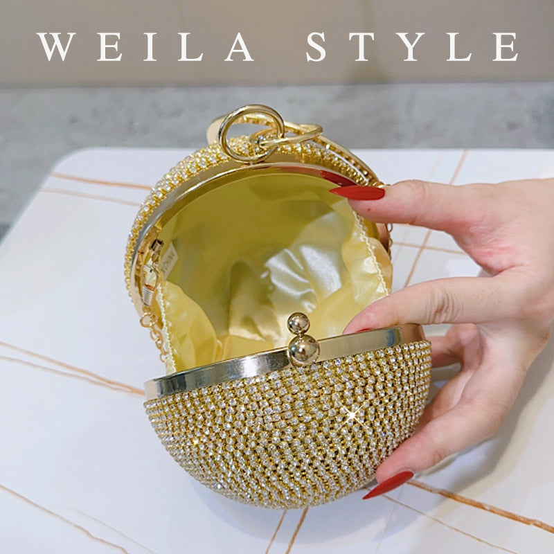 New Rhinestone Spherical Evening Clutch for Women, Gold/Silver Crystal-Studded Round Purse, Sparkly Party Bag for Prom & Nightclub
