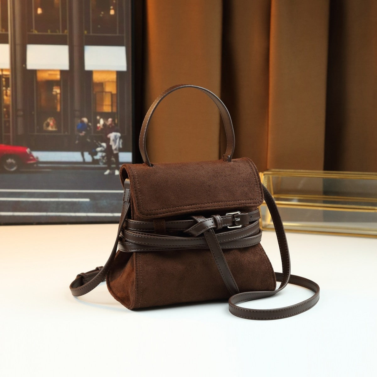 Suede Tie-Detail Small Bag for Women Niche Shoulder Crossbody Handbag, Premium Fall Winter Purse with Elegant Design