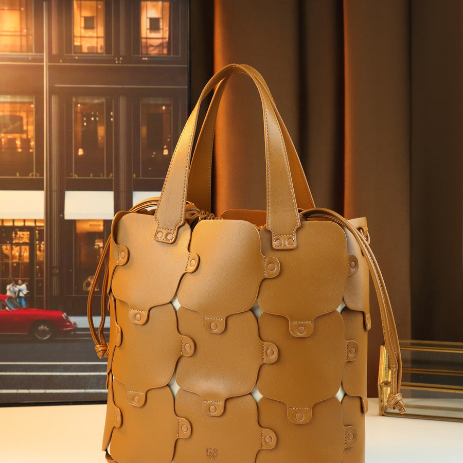 Geometric Patchwork Bucket Bag for Women Large Capacity Shoulder Crossbody Handbag, Creative Versatile Purse with Unique Design
