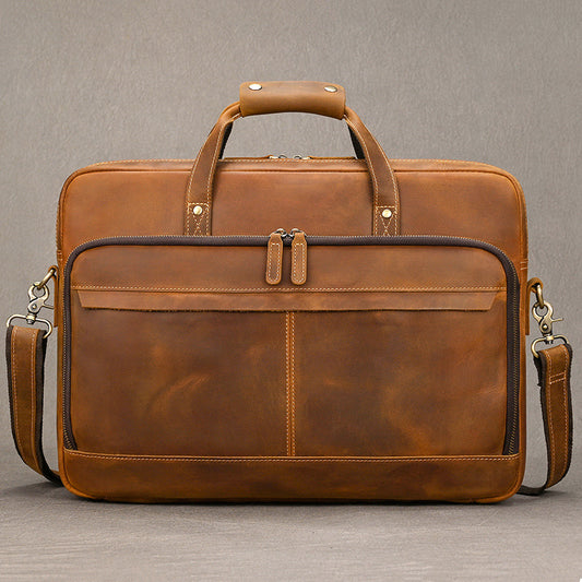 16-Inch New Vintage Crazy Horse Leather Briefcase, Large Capacity Commute Travel Laptop Bag, Premium Cowhide Top Handle Bag for Men