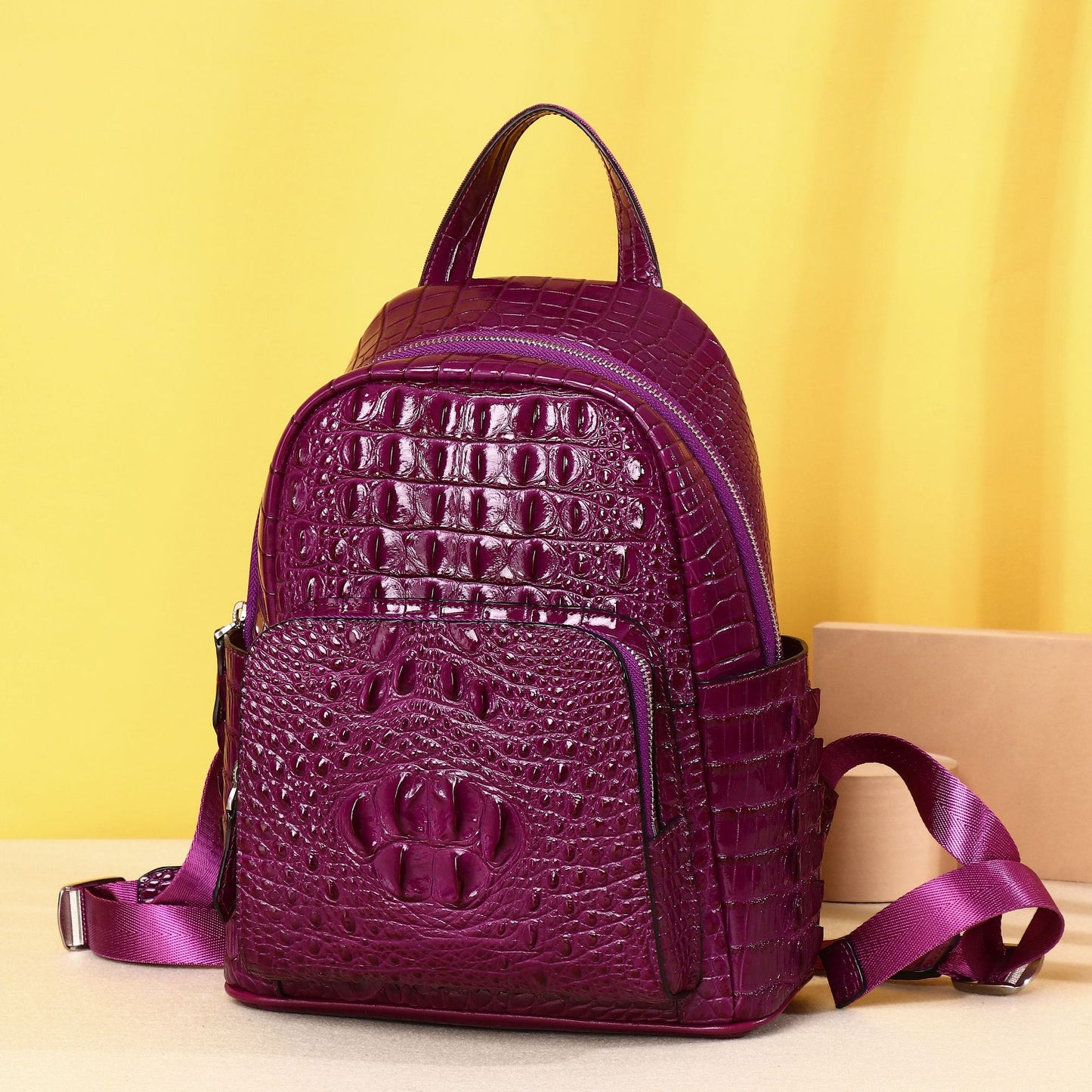 New Arrival Classic Croc-Effect Purple Backpack for Women, A Trendy Outdoor Laptop Daypack with Fashionable Cool Design, Perfect for Daily & Travel