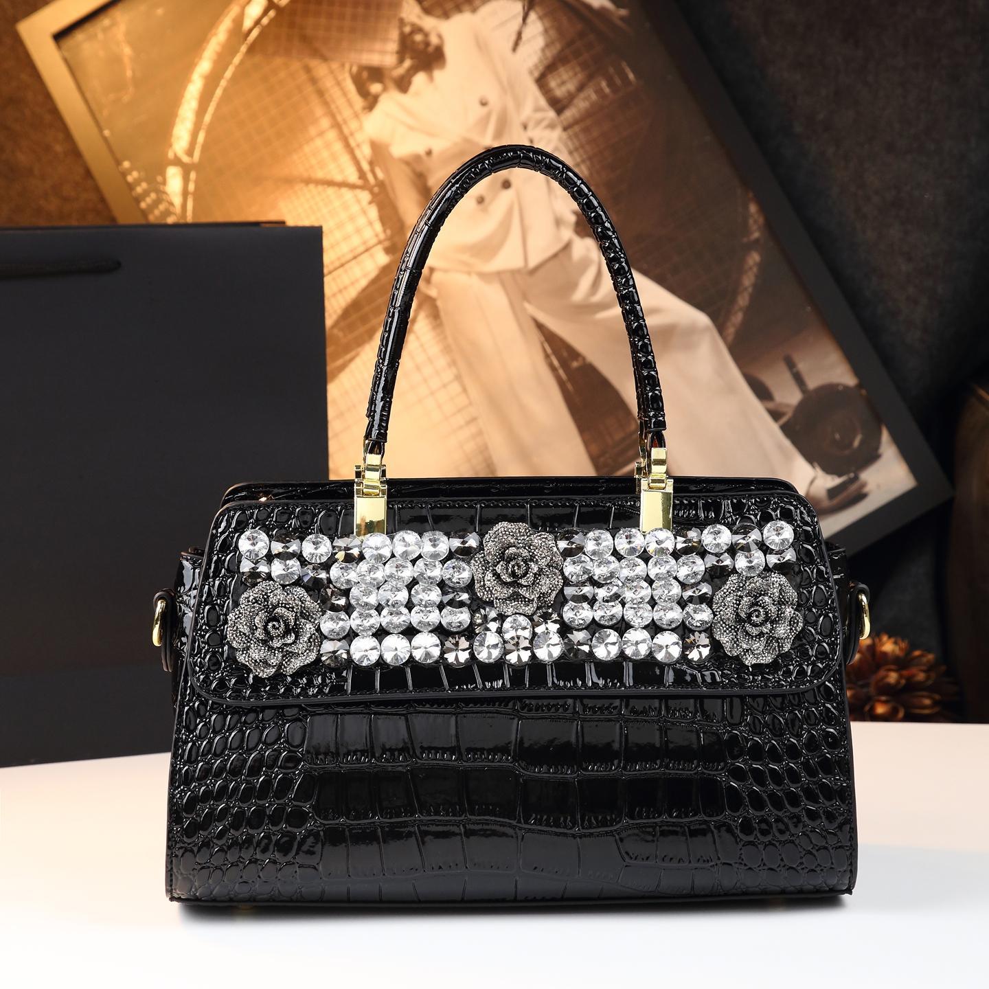 New Arrival 2026 Rhinestone-Embellished Croc-Effect Mom Bag for Women, An Elegant Large Capacity Shoulder Crossbody Top-Handle Handbag with Premium Design
