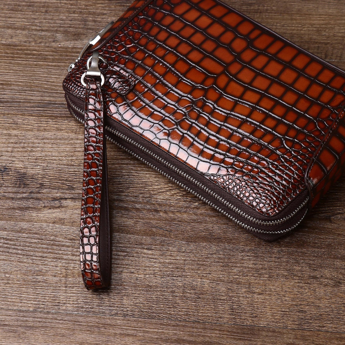 New Arrival Distressed Croc-Effect Clutch Bag for Men, A Large Capacity Casual Document Wallet with Double-Zip & Combination Lock