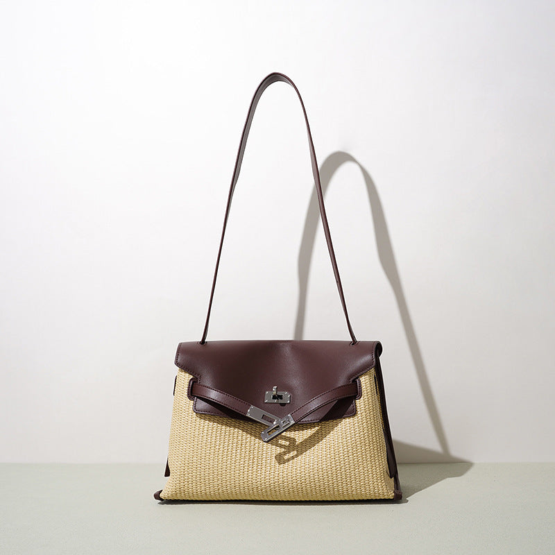 Straw Woven Kelly-Style Briefcase in Genuine Leather, Minimalist Large Capacity Shoulder Crossbody Bag, Versatile Commute Purse for Women