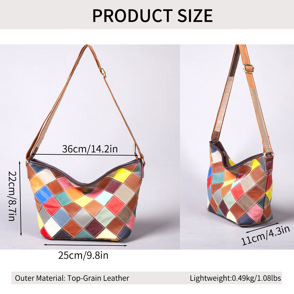 Premium Handcrafted Plaid Pattern Cowhide Leather Bag for Women | Large-Capacity Cross-Body Shoulder Handbag with Random Color-Block Artistic Design | Trendy Everyday Purse for Work, Errands & Travel | Unique Statement Accessory with Vibrant Plaid &