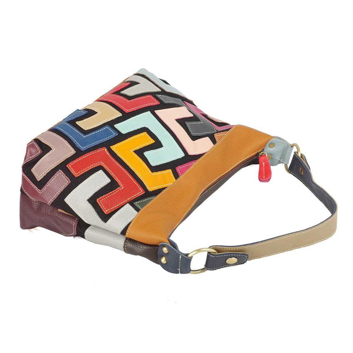 Premium Cowhide Leather Crescent Cross-Body Bag for Women | New Geometric Color-Block Pattern with Random Vibrant Contrast Design | Ethnic Bohemian Style Shoulder Purse for Everyday Chic & Travel | Unique Artistic Handbag with Trendy Statement Appeal