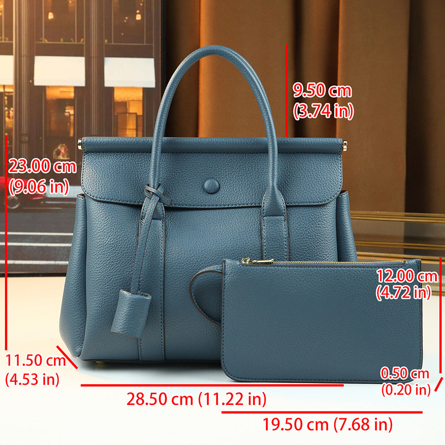 New Summer Haze Blue Pebbled Leather Tote Bag for Women, A Large Capacity 2-in-1 Commuter Shoulder Crossbody Handbag with Matching Pouch