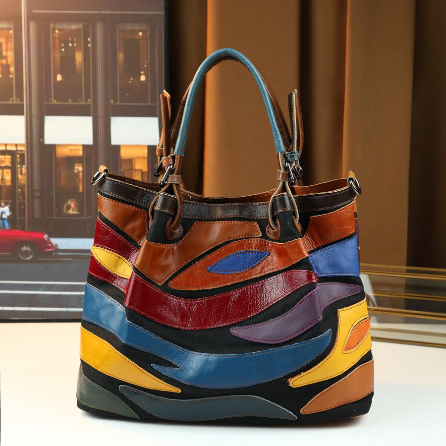 Genuine Leather Geometric Color-Block Bucket Bag for Women Colorful Patchwork Top Handle Shoulder Crossbody Purse with Artistic Design