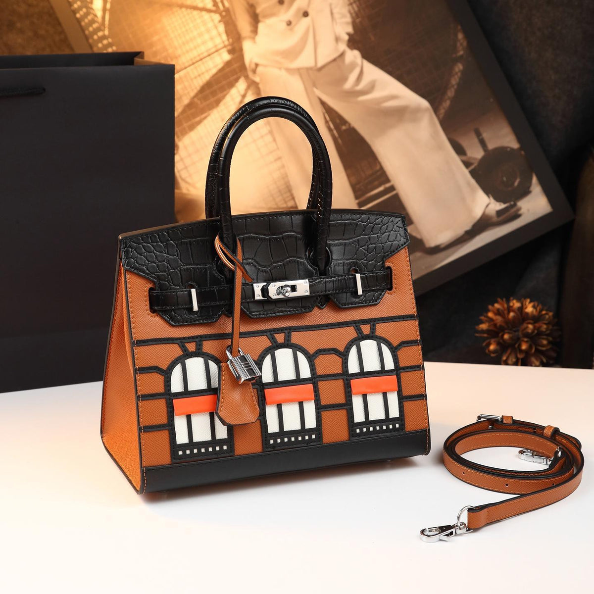 Chic Croc-Embossed Birkin-Inspired Tote Bag for Women, Premium Genuine Leather Top-Handle Shoulder Crossbody Handbag with Sophisticated Elegant Design, Trendy Everyday Purse