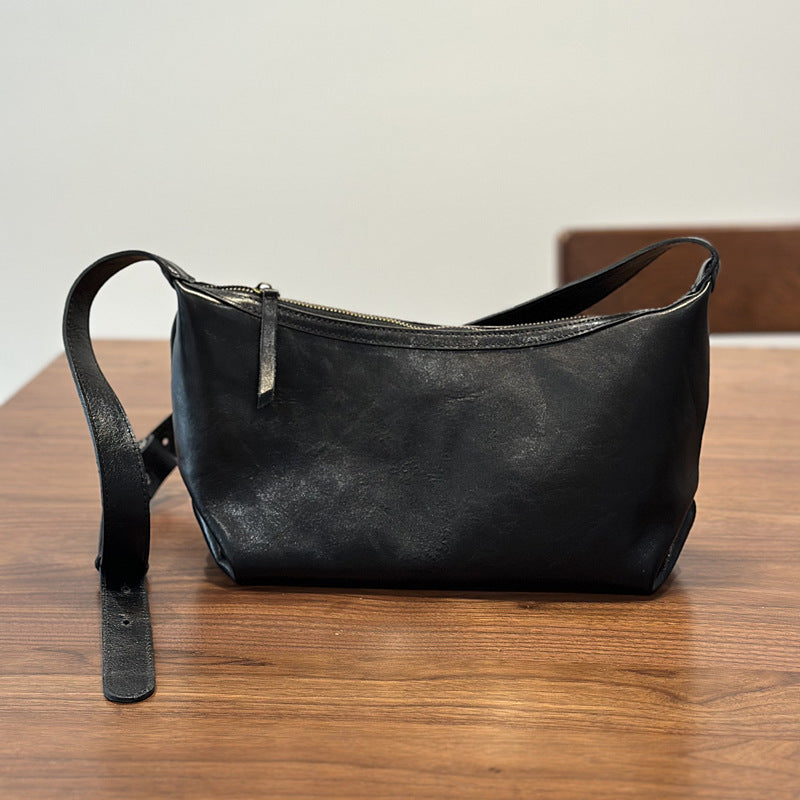 Vegetable-Tanned Soft Cowhide Crossbody Bag for Women, Vintage Pleated Shoulder Purse, Casual Small Leather Handbag for Ladies