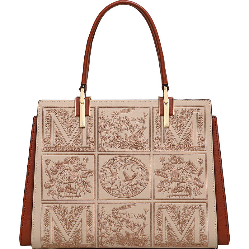 Genuine Leather Embroidered Mom Bag for Women, New Elegant Wedding Top Handle Purse, Perfect Gift for Middle-Aged Ladies