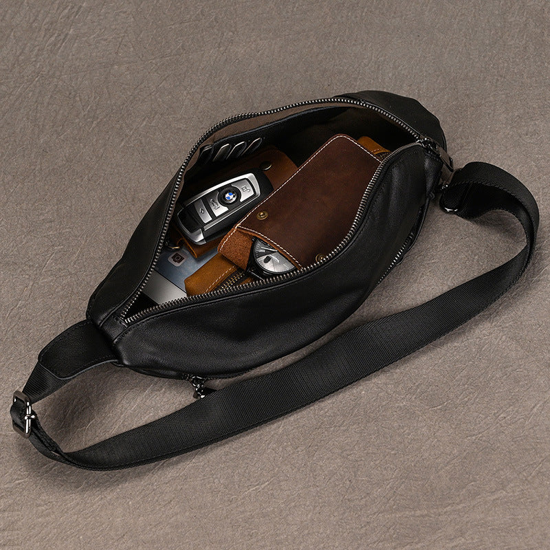 Black Genuine Leather Chest Bag, Fashionable Crossbody Shoulder Pouch, Outdoor Casual Bag for Men