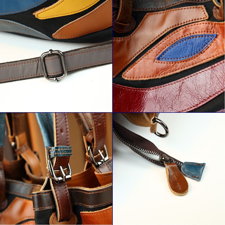 Genuine Leather Geometric Color-Block Bucket Bag for Women Colorful Patchwork Top Handle Shoulder Crossbody Purse with Artistic Design