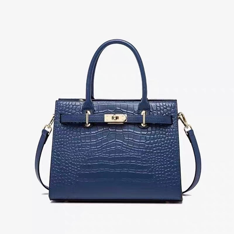 Genuine Leather Crocodile-Embossed Handbag for Women, Lock Buckle Commute Large Capacity Shoulder Crossbody Purse, Versatile Bag for Ladies