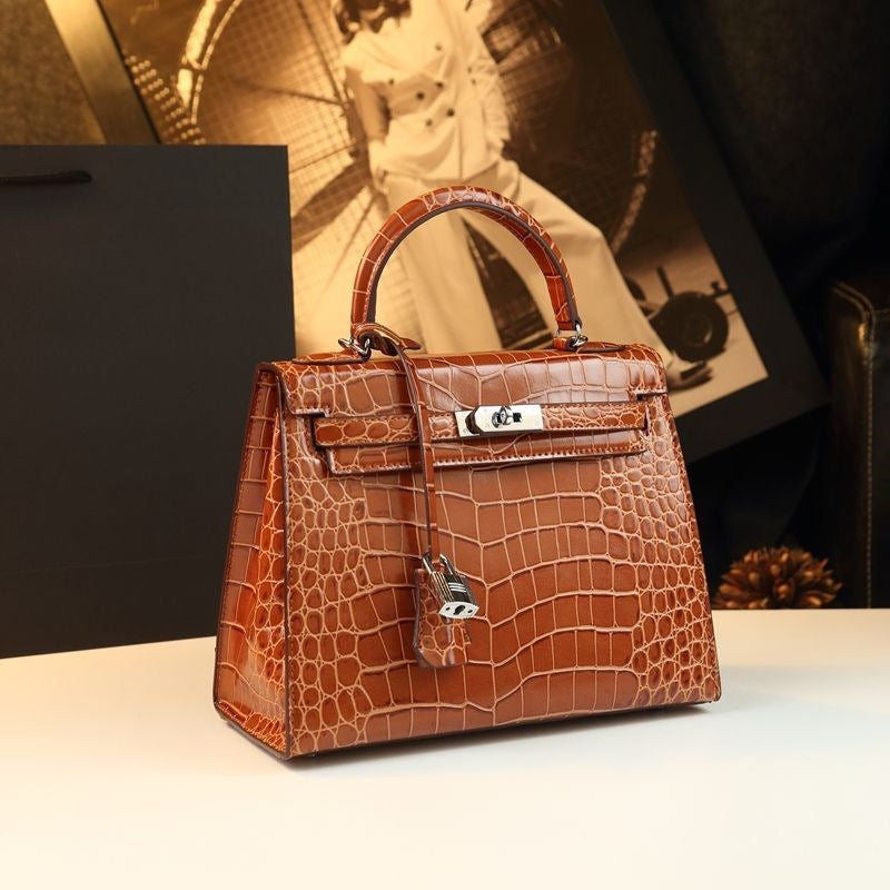 Women's Genuine Leather Croc-Embossed Kelly-Style 2.0 Top Handle Bag – Luxury Convertible Shoulder & Crossbody Purse, Bestseller Designer Handbag for Everyday Elegance