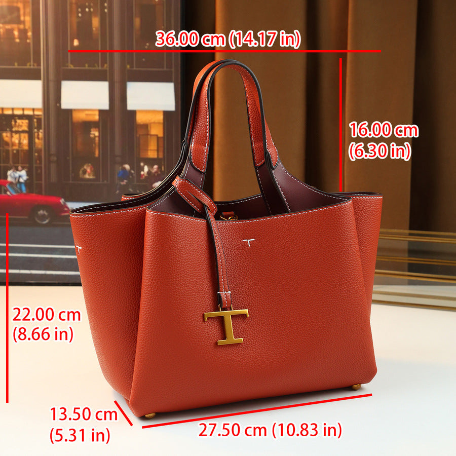 Pebble Grain Tote Bag for Women with T-Shaped Charm Detail, Large Capacity Commuter Shoulder Crossbody Handbag with Versatile Everyday Design