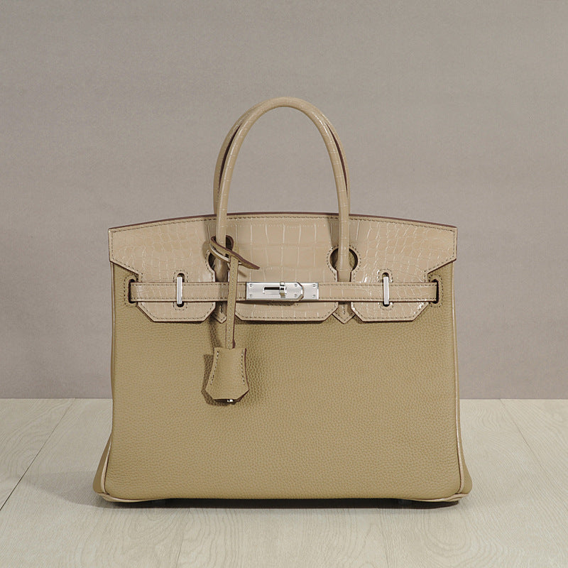 Genuine Top Layer Cowhide Patchwork Handbag for Women, New Pebbled & Crocodile-Embossed Crossbody Top Handle Purse, Trendy Leather Bag for Ladies