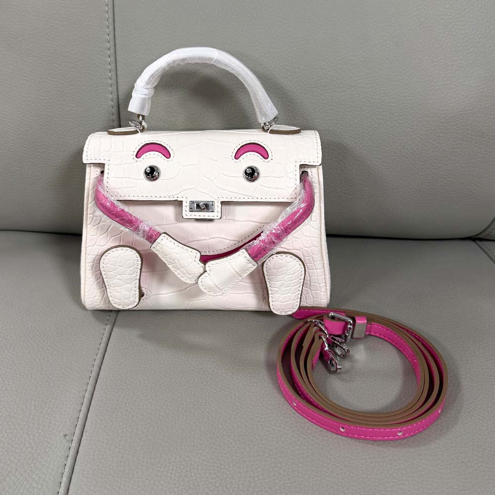 Genuine Leather Crocodile-Embossed Smiley Face Kelly-Style Bag for Women, New Millennium Doll Small Square Crossbody Shoulder Purse, Trendy Handbag for Ladies