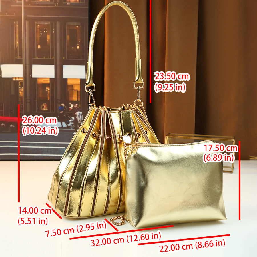 Glossy Light Luxury Bucket Bag Set for Women Niche Designer Pleated Large Capacity Shoulder Sub-Bag Handbag with Premium Finish