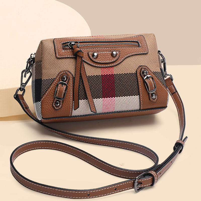 New Vintage Plaid Canvas & Leather Small Square Bag, Fashionable Versatile Crossbody Shoulder Purse, Retro Mini Handbag for Women