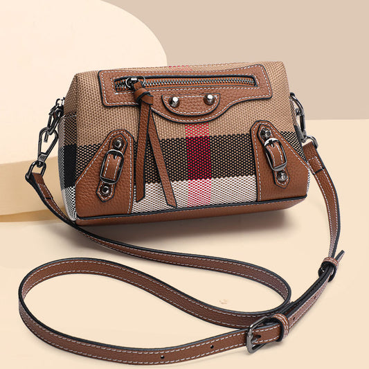 New Vintage Plaid Canvas & Leather Small Square Bag, Fashionable Versatile Crossbody Shoulder Purse, Retro Mini Handbag for Women