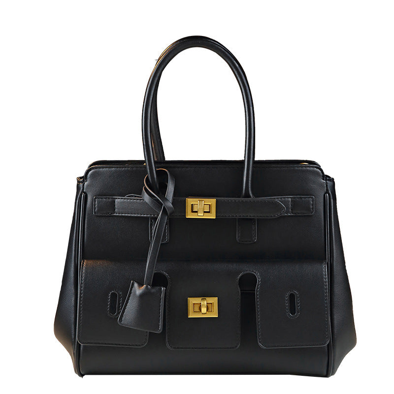 Designer Lock Buckle Multi-Pocket Tote Bag for Women Black Large Capacity Shoulder Crossbody Handbag, Versatile Biker-Style Purse with Edgy Hardware