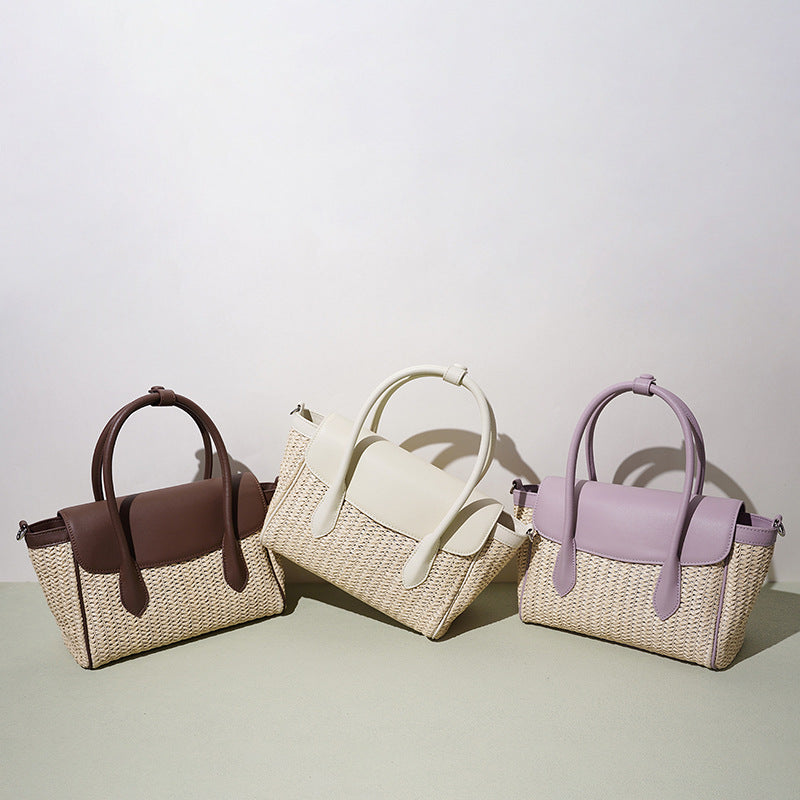 New Spring Summer Light Luxury Woven Cowhide Bag, Niche Designer Minimalist Crossbody Shoulder Top Handle Purse, Premium Handbag for Women