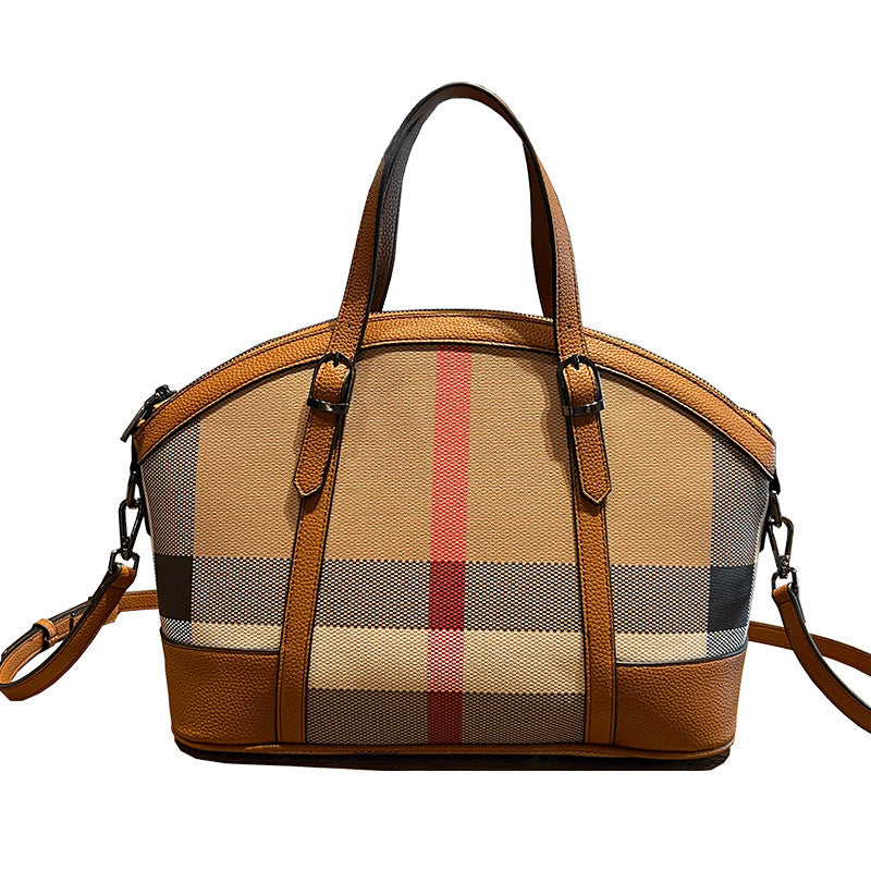 Genuine Leather Plaid Shell Handbag for Women, New Versatile Large Capacity Top Handle Shoulder Crossbody Purse, Trendy Bag for Ladies
