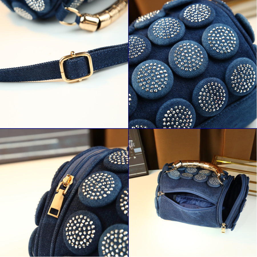 Denim Rhinestone Cylinder Bag for Women Light Luxury Shoulder Crossbody Handbag, Unique Handle Design Purse with Sparkly Trendy Style
