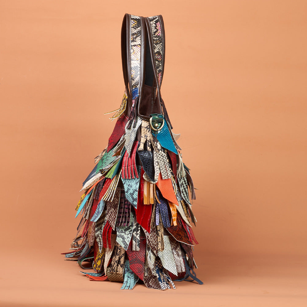 Genuine Leather Colorful Tassel Handbag for Women, Patchwork Design Crossbody Shoulder Bag, Trendy Fringe Tote Purse for Ladies