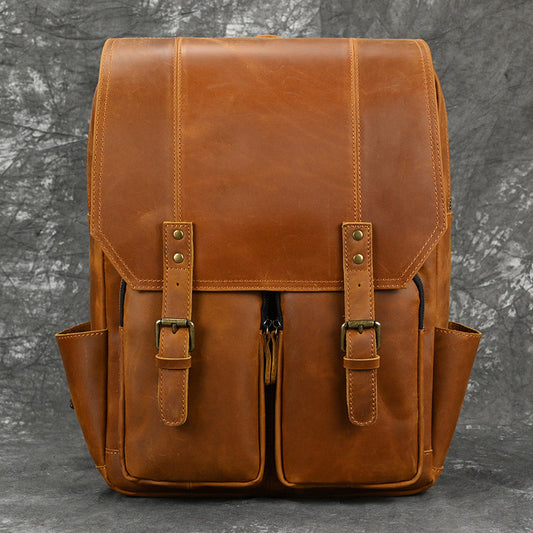 Vintage Crazy Horse Leather Flap Backpack, Large Capacity Outdoor Casual Travel Daypack, Genuine Leather Bag for Men