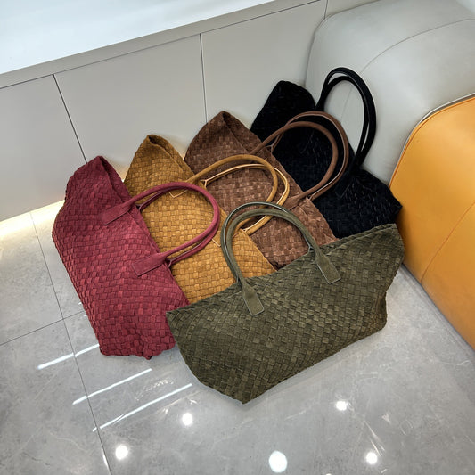 First layer cowhide genuine leather woven vegetable basket, first layer frosted cowhide tote large capacity portable large bag women