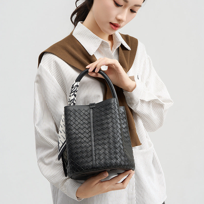 Handwoven Solid Color Mother-Child Bucket Bag, Trendy Casual Shoulder Crossbody Purse, Versatile Handbag for Women