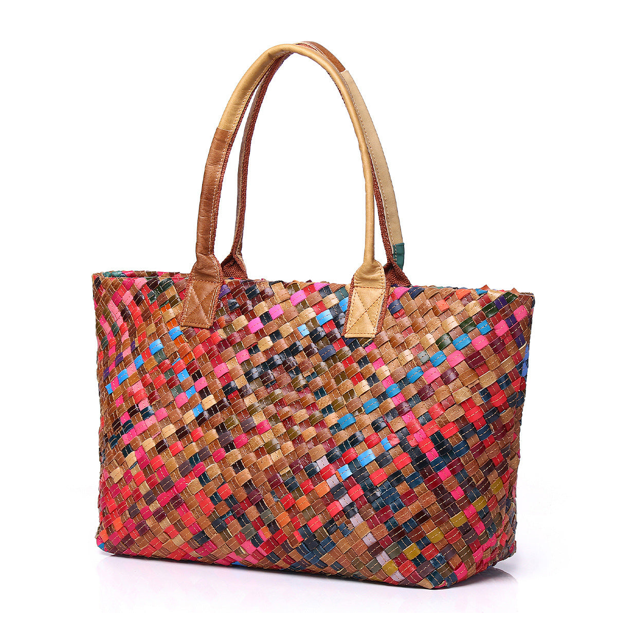 Colorful Stripe Woven Genuine Cowhide Tote, Fashion Designer Shoulder Crossbody Purse, Trendy Handbag for Women