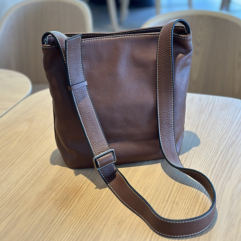 Genuine Soft Cowhide Bucket Bag for Women, New Japanese Casual Vintage Shoulder Crossbody Purse, Versatile Everyday Handbag for Ladies