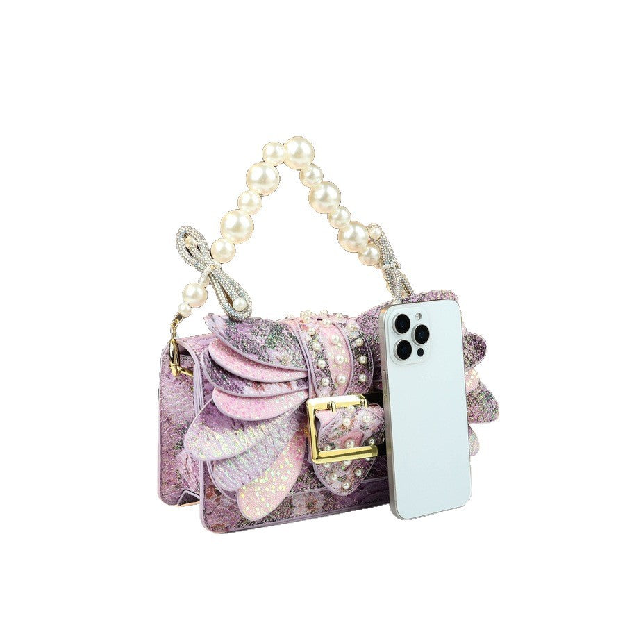 Butterfly Wing Mini Square Bag for Women with Pearl Chain, Trendy Shoulder Crossbody Handbag with Versatile Fashion Design