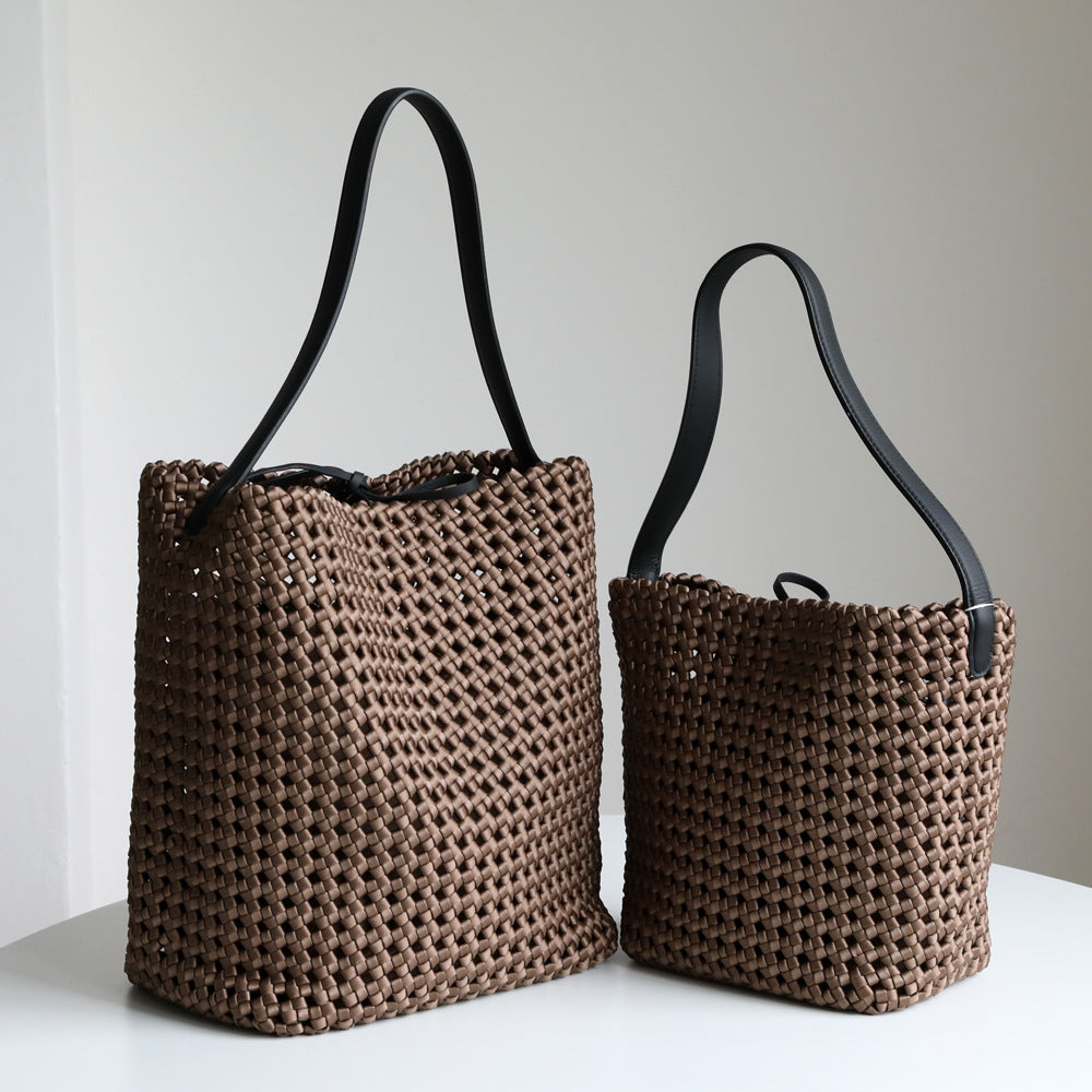 Hollow Woven Cowhide Tote Bag for Women Large Capacity Shoulder Underarm Handbag, Designer Style with Versatile Commuter Appeal