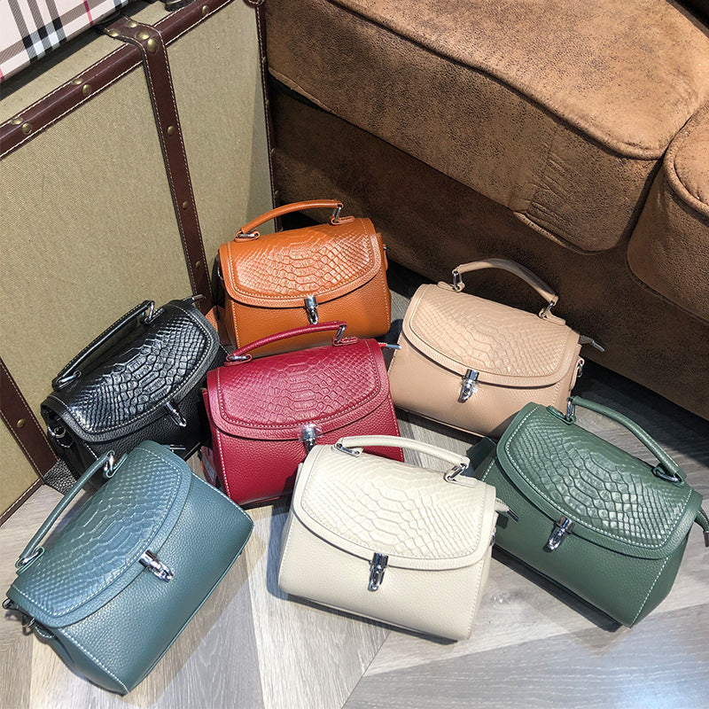 New Arrival Croc-Effect Genuine Leather Small Square Bag for Women, A Premium Top-Layer Cowhide Top-Handle Crossbody Handbag with Elegant Sophisticated Design