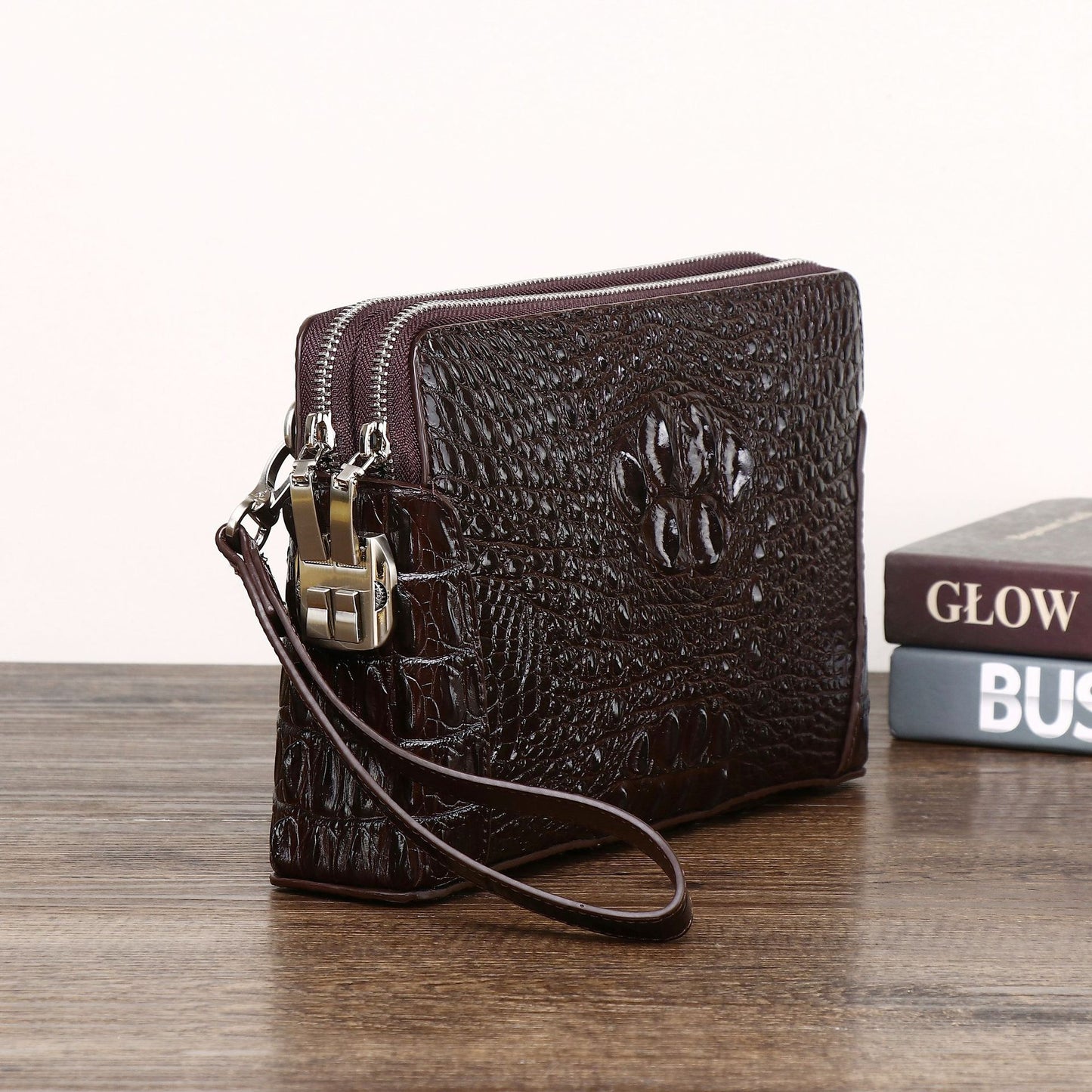 New Arrival Croc-Effect Double-Zip Clutch Bag for Men, An Anti-Theft Underarm Handheld Wallet with Combination Lock, Light Luxury Business Organizer