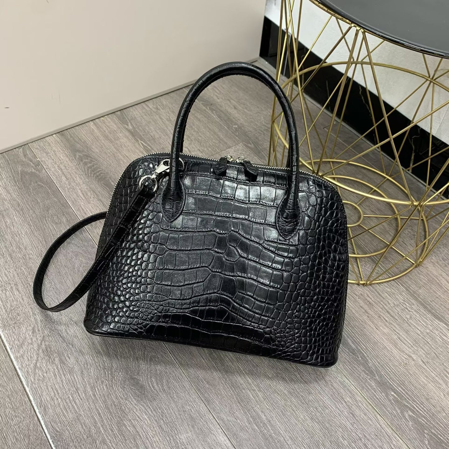 Genuine Top Layer Cowhide Crocodile-Embossed Shell Handbag for Women, New Large Capacity Fashion Commute Top Handle Briefcase, Trendy Work Bag for Ladies