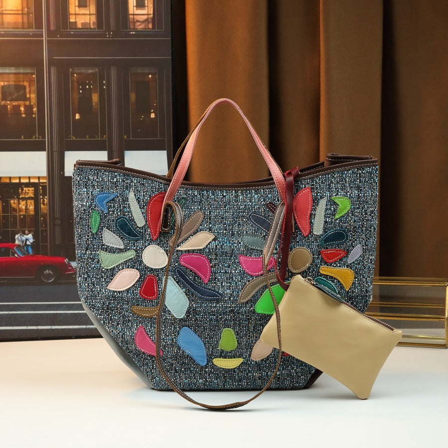 Genuine Leather Patchwork Bucket Bag for Women Irregular Design Shoulder Handbag, European Fashion Purse with Artistic Style