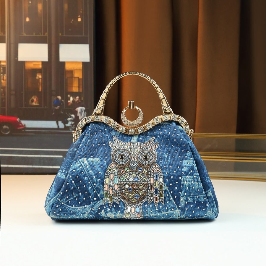 Denim Rhinestone Dumpling Bag for Women with Owl Crystal Design, Elegant Shoulder Handbag with Premium Embellished Style