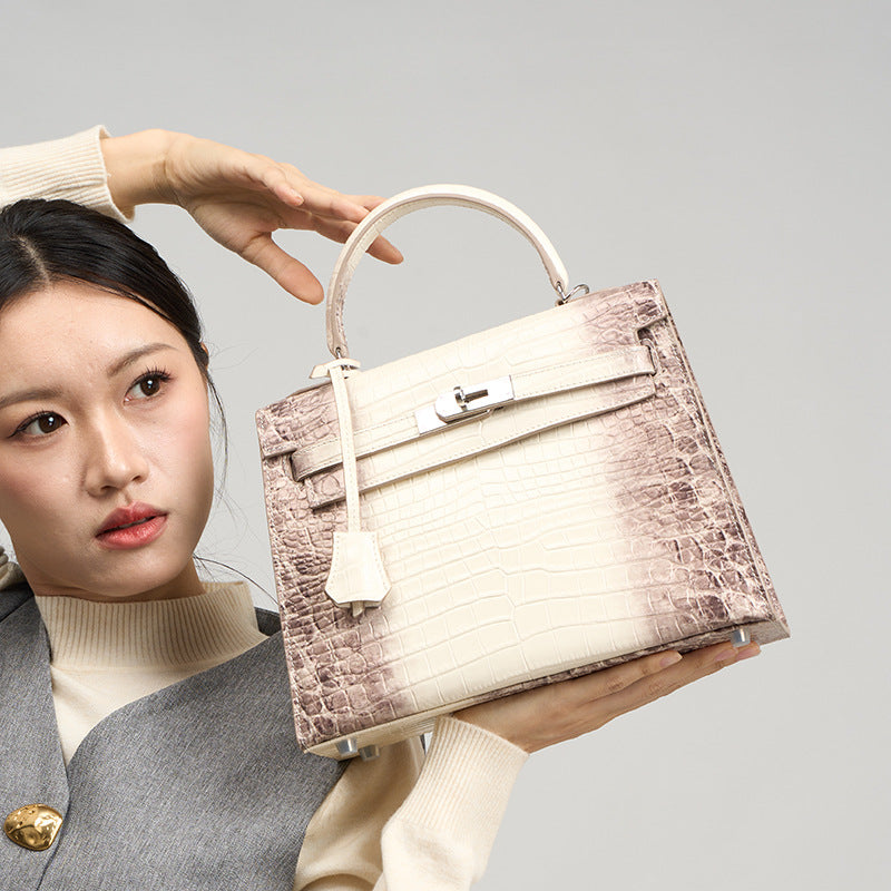 Genuine Top Layer Cowhide Crocodile-Embossed Kelly-Style Handbag for Women, Large Capacity Commute Shoulder Top Handle Purse, Premium Work Bag for Ladies