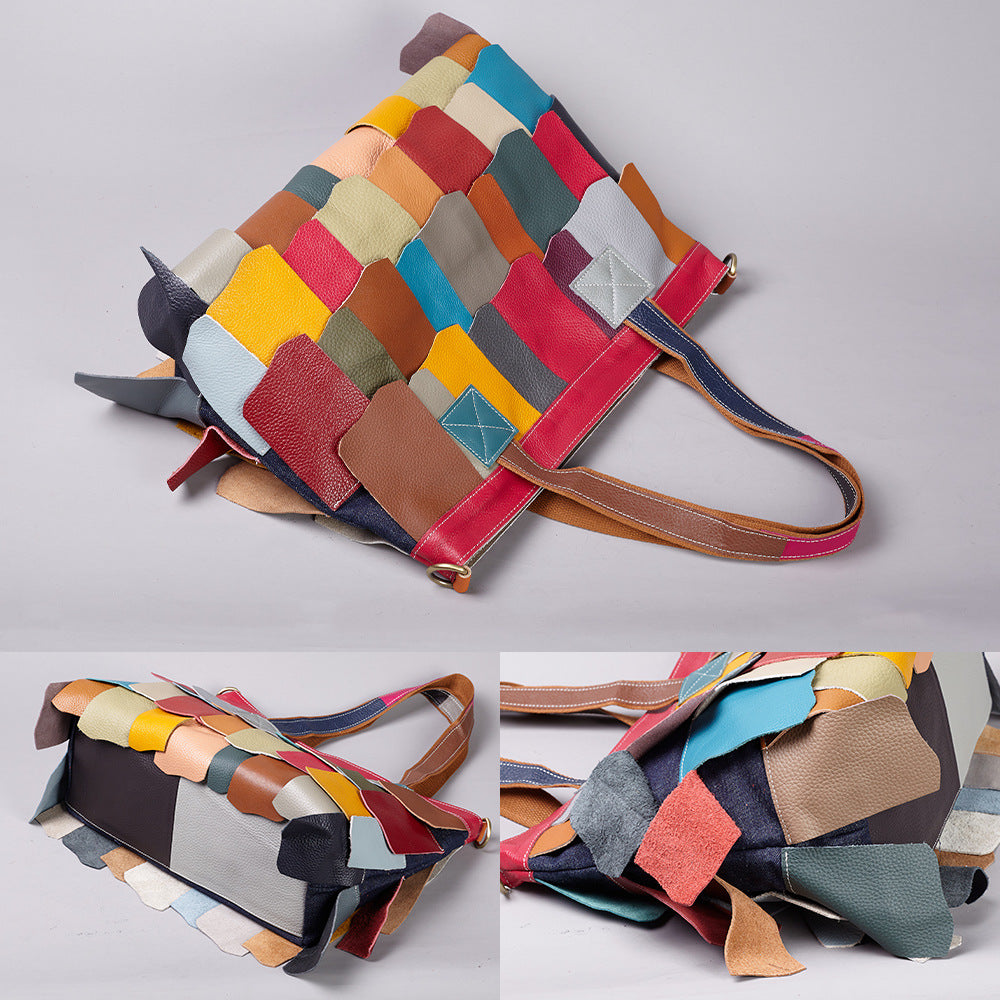 Genuine Leather Slouchy Large Capacity Tote Bag for Women, New Fashionable Patchwork Color Block Shoulder Crossbody Purse, Versatile Casual Handbag for Ladies