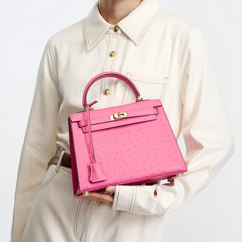 Women's Genuine Leather Handbag Shoulder Bag Top Layer Cowhide Kelly Style Crossbody Purse with Ostrich Embossed Texture