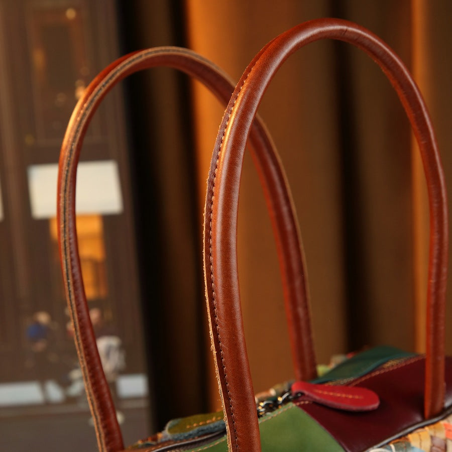Top Layer Cowhide Patchwork Woven Tote Bag for Women Vintage Large Capacity Shoulder Handbag, Fashion Purse with Artisan Textured Design