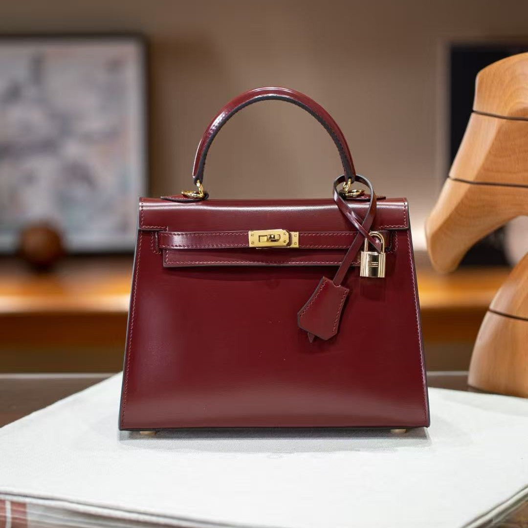 Women's Kelly-Style Box Calfskin Leather Handbag, Hermès-Inspired Glossy Finish Top-Handle Tote, Large-Capacity Shoulder & Cross-Body Purse for Work, Commute & Travel