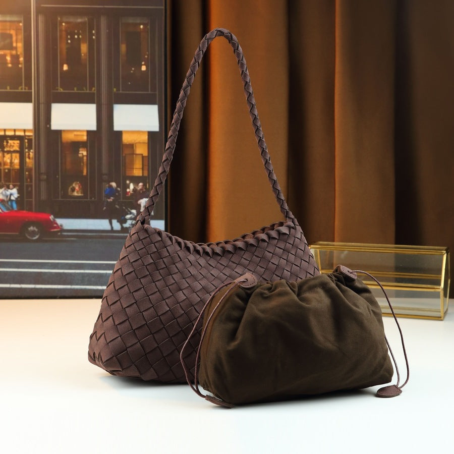 Handwoven Suede Shell Tote Set for Women with Detachable Sub-Bag, Niche Shoulder Handbag with Basket-Style Design