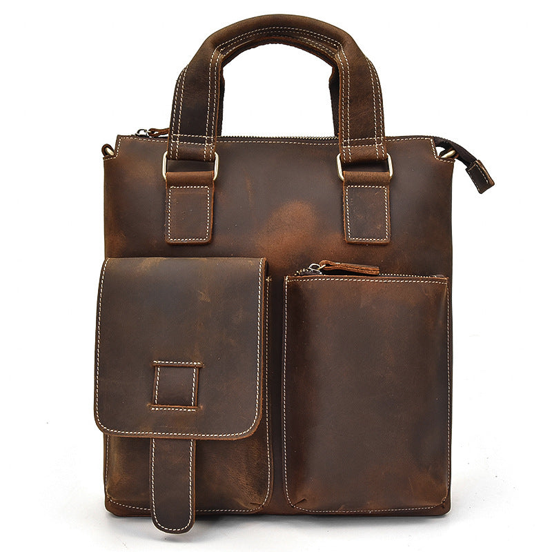 Genuine Crazy Horse Leather Business Briefcase for Men, Casual Crossbody Shoulder Top Handle Bag, Multifunctional Laptop Work Bag for Gentlemen