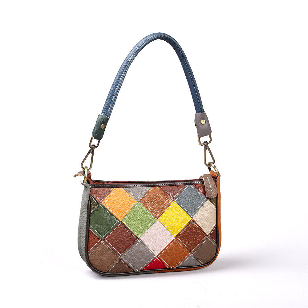New Handmade Color Block Top Layer Cowhide Bag, Crossbody Top Handle Small Purse, Versatile Wristlet Handbag for Women